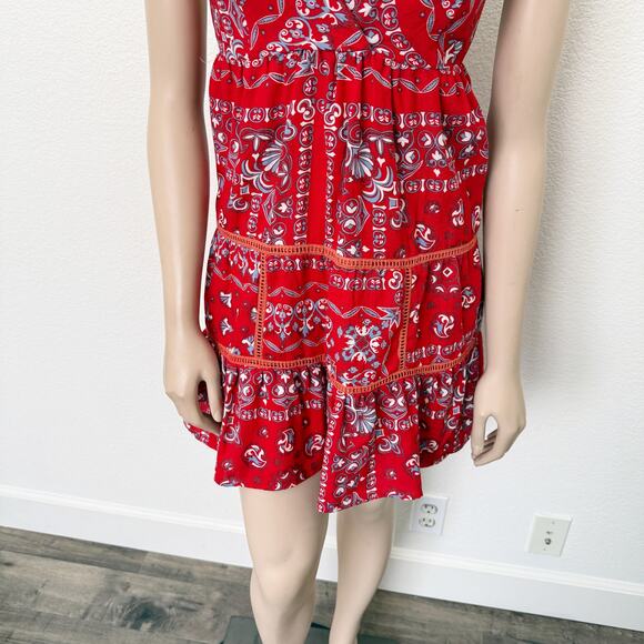 [Selfie Leslie] Red Ariya V-Neck Low Back Ruffle Bandanna Mini Dress Sz Large L - Picture 7 of 12
